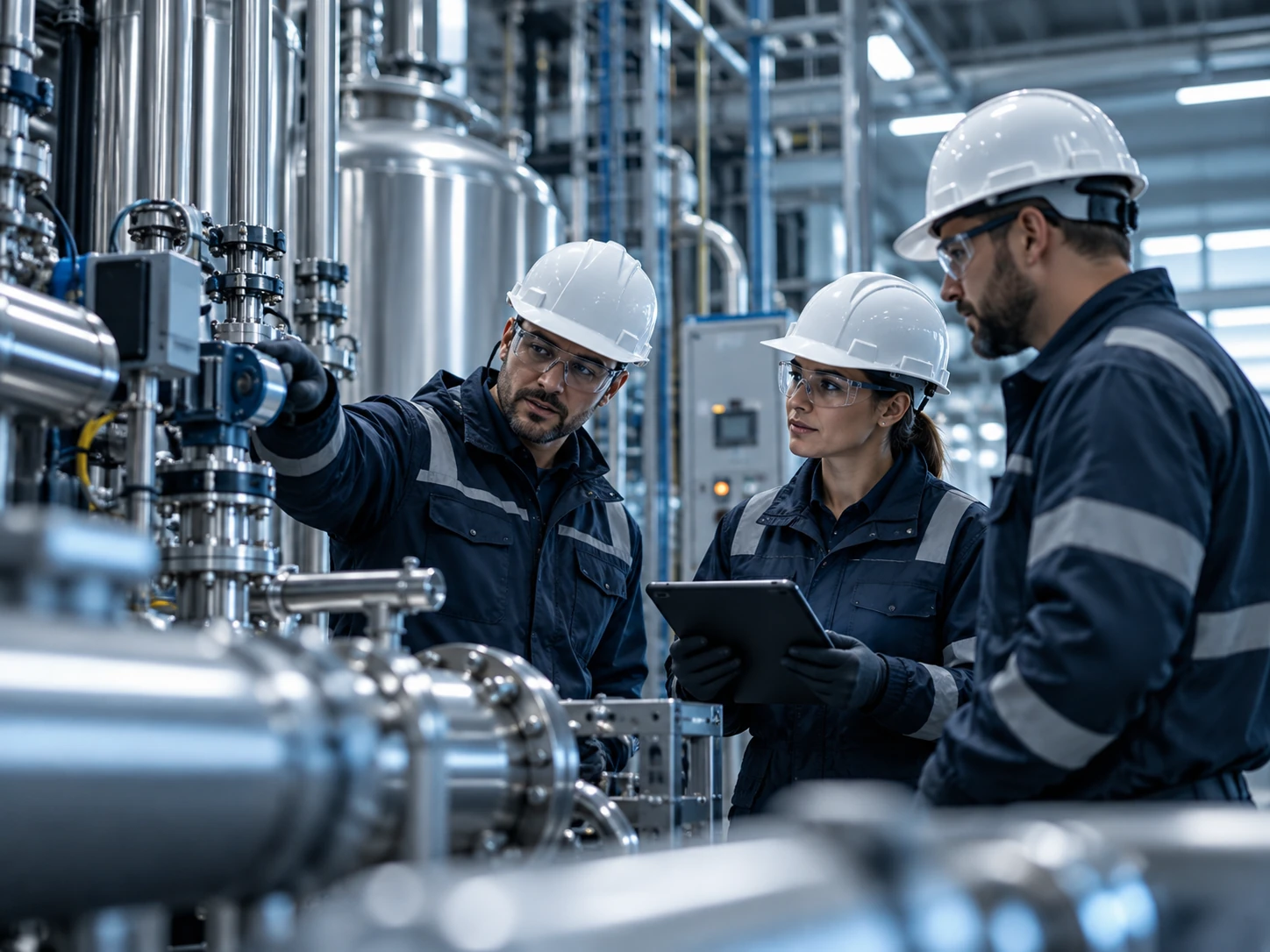 Industrial professionals inspecting stainless steel processing equipment